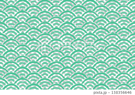 Hand-drawn style green Seigaiha wave pattern background, cute Japanese traditional pattern Hand-drawn style green Seigaiha wave pattern background, cute Japanese traditional pattern 138356646