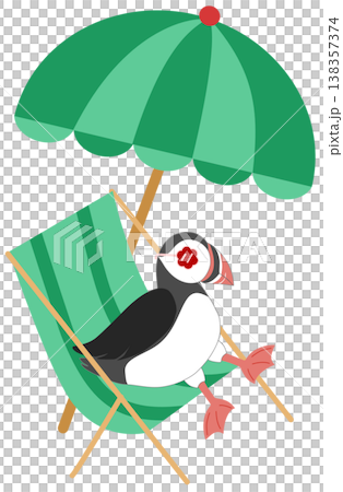 Cute Puffin Sitting on Deck Chair Under Umbrella - Summer Vacation Beach Illustration Cute Puffin Sitting on Deck Chair Under Umbrella - Summer Vacation Beach Illustration 138357374