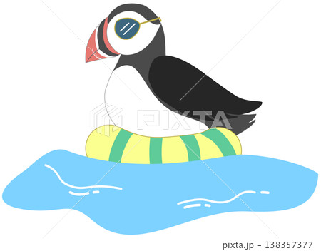 Cute Puffin Bird Floating in Life Buoy - Summer Pool and Sea Vacation Illustration 138357377