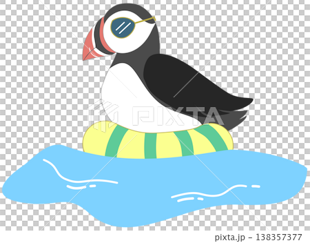 Cute Puffin Bird Floating in Life Buoy - Summer Pool and Sea Vacation Illustration 138357377
