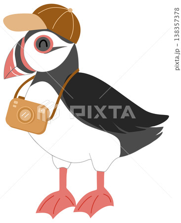 Cute Puffin Bird Tourist with Camera and Cap - Summer Travel and Sightseeing Illustration Cute Puffin Bird Tourist with Camera and Cap - Summer Travel and Sightseeing Illustration 138357378