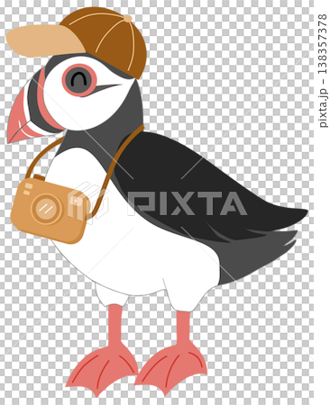 Cute Puffin Bird Tourist with Camera and Cap - Summer Travel and Sightseeing Illustration Cute Puffin Bird Tourist with Camera and Cap - Summer Travel and Sightseeing Illustration 138357378