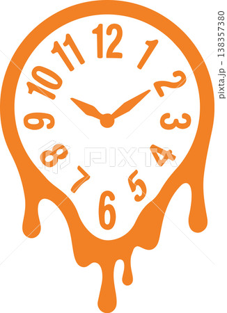 Melting clock in bright orange dripping downward with distorted numbers on a clean background surreal minimal concept of time distortion and fluid design Melting clock in bright orange dripping downward with distorted numbers on a clean background surreal minimal concept of time distortion and fluid design 138357380