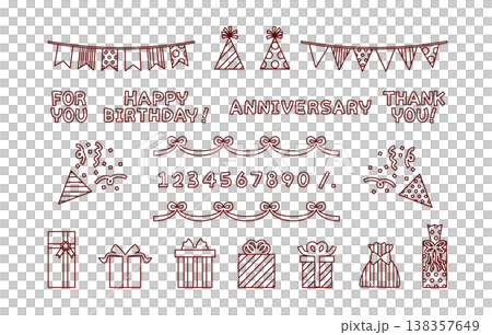 可愛的線條藝術插圖，可用於慶祝裝飾，例如禮物和花環——非常適合生日和周年紀念。 138357649