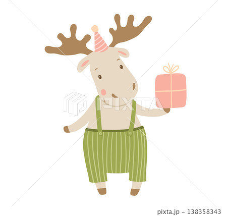 Cute moose holding gift box, vector animal character illustration for celebration and baby greeting design 138358343