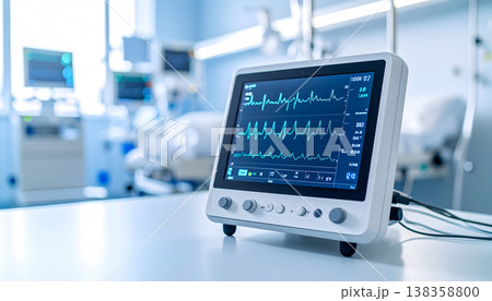 Close-up of a compact portable ECG machine displaying real-time heart data, glowing Close-up of a compact portable ECG machine displaying real-time heart data, glowing 138358800