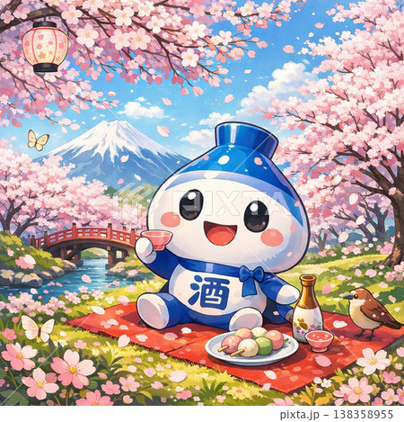 チョーシーのソロ花見（団子をアテに一杯やる酒の妖精と春の情景） 138358955