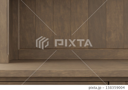 Realistic 3D render of dark wooden shelf display background with copy space for product placement 138359004
