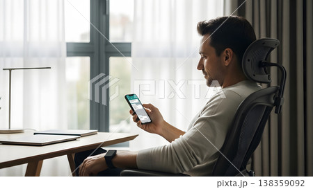 Man Sending a Message on Mobile Phone in Relaxed Office Setting 138359092