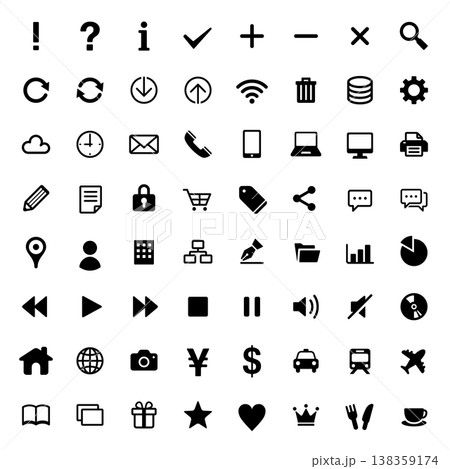 シンプルなUIアイコンセット - 64種/汎用・モノクロ(ビジネス・web) シンプルなUIアイコンセット - 64種/汎用・モノクロ(ビジネス・web) 138359174