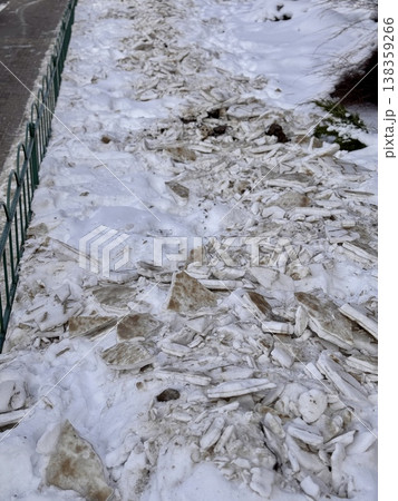 A pile of shattered ice pieces is scattered on a snowcovered ground, showcasing winters unique and beautiful textures. A pile of shattered ice pieces is scattered on a snowcovered ground, showcasing winters unique and beautiful textures. 138359266