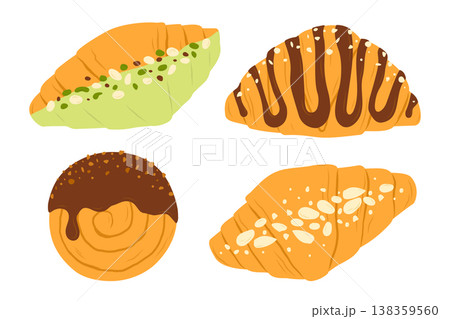 Sweet croissant bakery set. Pistachio, almond and with chocolate glaze. Flat vector isolated illustration Sweet croissant bakery set. Pistachio, almond and with chocolate glaze. Flat vector isolated illustration 138359560
