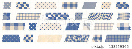 Blue and beige vector washi tape with dots, stripes and plaid patterns, torn pieces masking tape designs for summer scrapbook projects and journaling 138359566