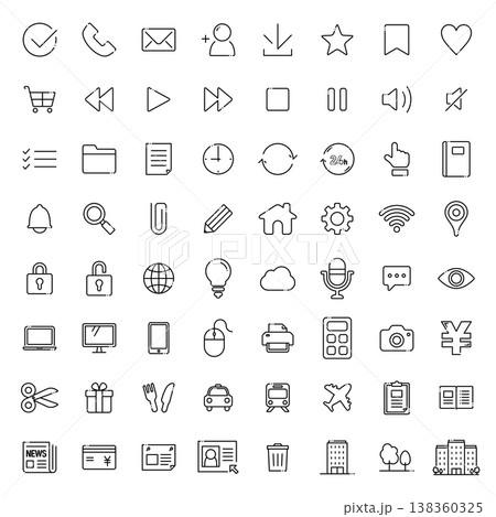 シンプルな線画UIアイコンセット - 64種/汎用・モノクロ(ビジネス・web) シンプルな線画UIアイコンセット - 64種/汎用・モノクロ(ビジネス・web) 138360325