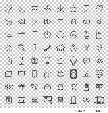 シンプルな線画UIアイコンセット - 64種/汎用・モノクロ(ビジネス・web) シンプルな線画UIアイコンセット - 64種/汎用・モノクロ(ビジネス・web) 138360325