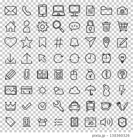 手書き風のシンプル線画アイコンセット - 64種/ベクター・モノクロ 手書き風のシンプル線画アイコンセット - 64種/ベクター・モノクロ 138360326