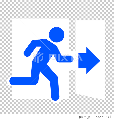 Pictogram (blue) indicating evacuation guidance towards emergency exit. 138360851