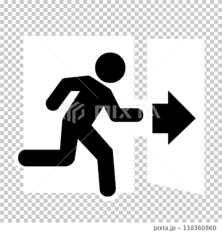 Pictogram (black) indicating evacuation guidance towards emergency exit. 138360860