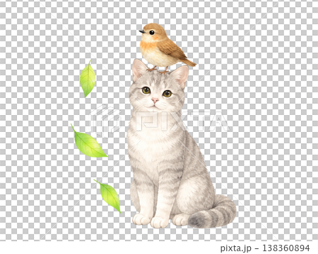 Watercolor illustration of a cat and a small bird perched on its head. Natural and cute animal illustration, simple, hand-drawn style. 138360894