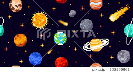 A seamless pixel space background with colorful planets, the sun, the moon, asteroids, and stars. 138360961