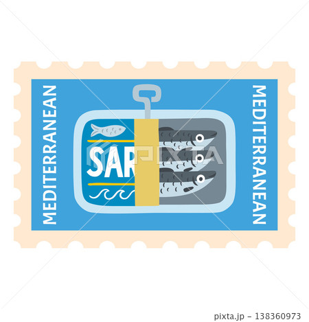Postage stamp with an open can of sardines and the inscription "Mediterranean." Postage stamp with an open can of sardines and the inscription "Mediterranean." 138360973