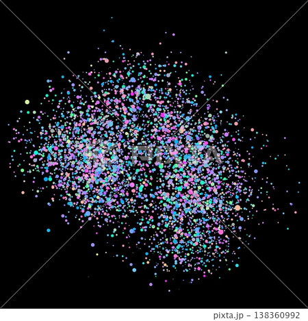 A bright abstract spot of dust, paint, or glitter, multicolored, neon, on a black background. 138360992