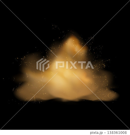 Dust brown cloud with flying sand particles, dust powder haze, sandy-smoke splash vector realistic effect 138361008