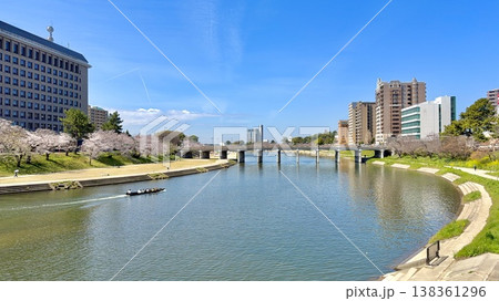 桜まつりの花見客を乗せたお花見乗合舟が青空と桜並木に彩られた乙川を進む〈桜城橋/愛知県岡崎市〉 138361296