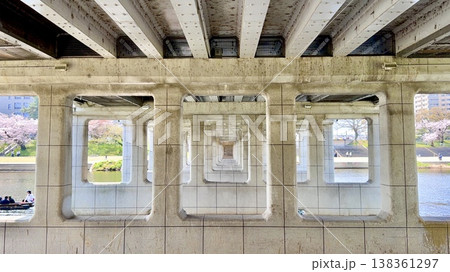 殿橋橋脚越しに見る乙川の桜並木〈乙川河川緑地/愛知県岡崎市〉 殿橋橋脚越しに見る乙川の桜並木〈乙川河川緑地/愛知県岡崎市〉 138361297