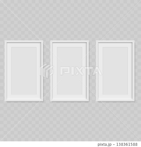 Realistic White Picture Frame Mockup Set. Vector Three Blank Vertical Poster Templates with Passepartout Realistic White Picture Frame Mockup Set. Vector Three Blank Vertical Poster Templates with Passepartout 138361588