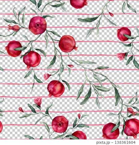 Seamless pattern with watercolor illustration of Pomegranate with flowers. Hand drawn print with tropical fruit branch with leaves on isolated pink striped background. For paper or textile design. 138361604