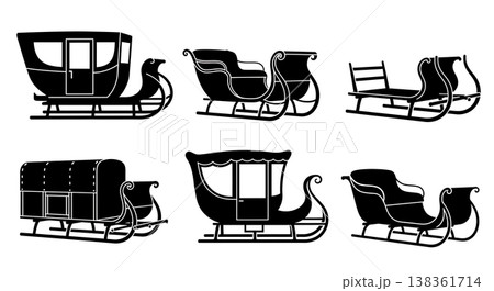 Black Solid Traditional Horse-Drawn Sleighs and Sleds Silhouettes Set of Six on White Background 138361714