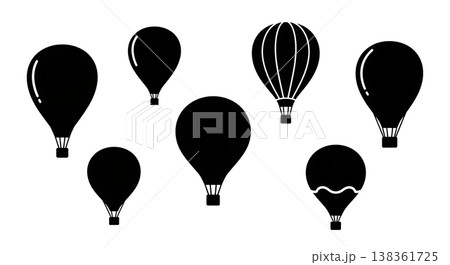 Black Solid Hot Air Balloons Silhouettes Set of Six on White Background 138361725