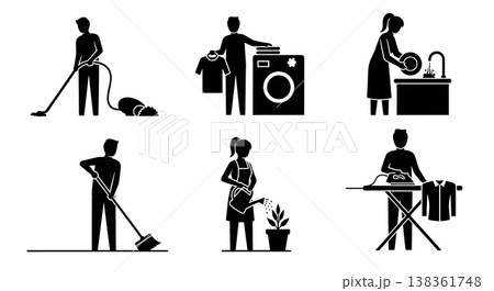 Black Solid Household Chores Silhouettes Set of Six on White Background Black Solid Household Chores Silhouettes Set of Six on White Background 138361748