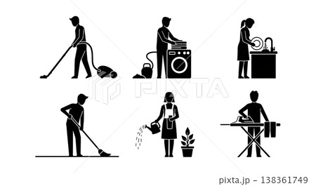 Black Solid Household Chores Silhouettes Set of Six on White Background Black Solid Household Chores Silhouettes Set of Six on White Background 138361749