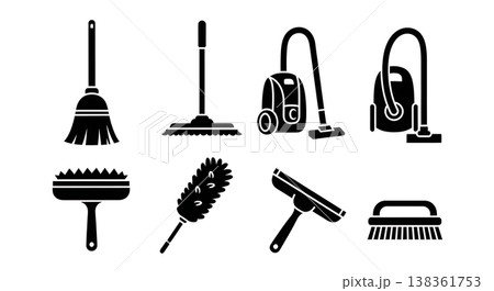Black Solid Household Cleaning Tools Silhouettes Set of Six on White Background Black Solid Household Cleaning Tools Silhouettes Set of Six on White Background 138361753