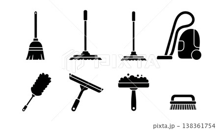 Black Solid Household Cleaning Tools Silhouettes Set of Six on White Background 138361754