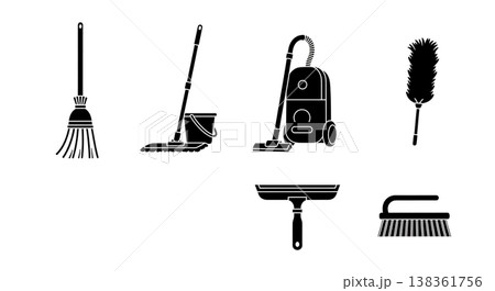 Black Solid Household Cleaning Tools Silhouettes Set of Six on White Background Black Solid Household Cleaning Tools Silhouettes Set of Six on White Background 138361756