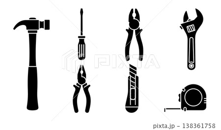Black Solid Household Tools Silhouettes Set of Six on White Background 138361758