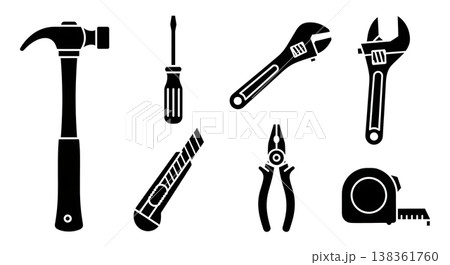Black Solid Household Tools Silhouettes Set of Six on White Background 138361760