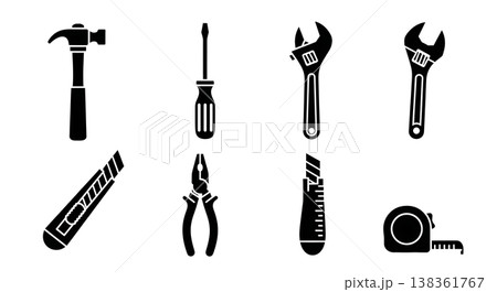Black Solid Household Tools Silhouettes Set of Six on White Background Black Solid Household Tools Silhouettes Set of Six on White Background 138361767