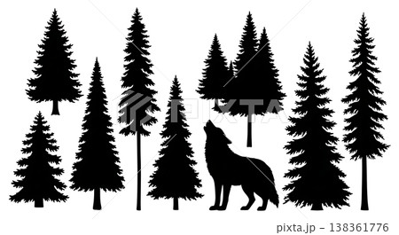 Black Solid Howling Wolf Pine Silhouettes Set of Six 138361776