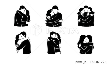 Black Solid Hugging People Silhouettes Set of Six on White Background Black Solid Hugging People Silhouettes Set of Six on White Background 138361778