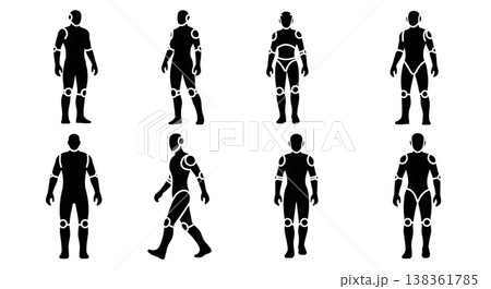 Black Solid Humanoid Robot Silhouettes Set of Six on White Background 138361785
