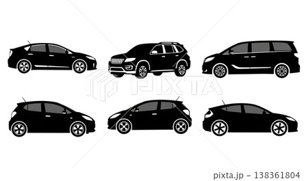 Black Solid Modern Hybrid Cars and Fuel-Efficient Vehicles Silhouettes Set of Six on White Background 138361804