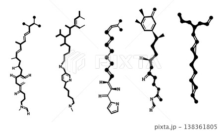 Black Solid Hydrocarbon Chain Molecular Silhouettes Set of Six on White Background Black Solid Hydrocarbon Chain Molecular Silhouettes Set of Six on White Background 138361805