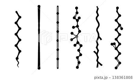 Black Solid Hydrocarbon Chain Molecular Silhouettes Set of Six on White Background Black Solid Hydrocarbon Chain Molecular Silhouettes Set of Six on White Background 138361808
