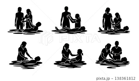 Black Solid Hydrotherapy Silhouettes Set of Six on White Background Black Solid Hydrotherapy Silhouettes Set of Six on White Background 138361812