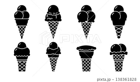 Black Solid Ice Cream Cone Silhouettes Set of Six on White Background Black Solid Ice Cream Cone Silhouettes Set of Six on White Background 138361828