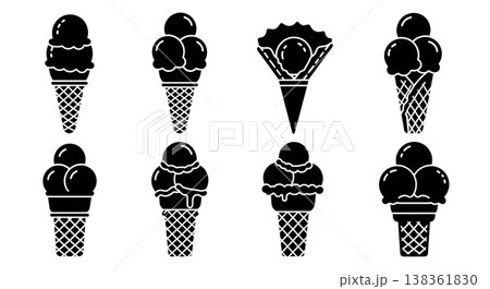 Black Solid Ice Cream Cone Silhouettes Set of Six on White Background 138361830